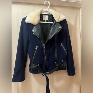 Joie women’s moto jacket size xl, leather and wool accents with belted waist